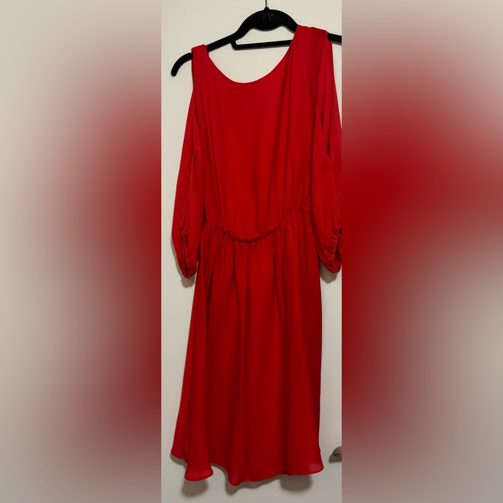 Alice and Olivia red cold shoulder dress with their black belt